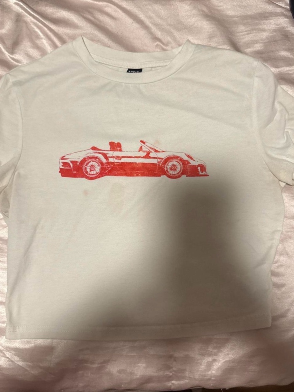 SHEIN White Crewneck Graphic Tee with Red Accent